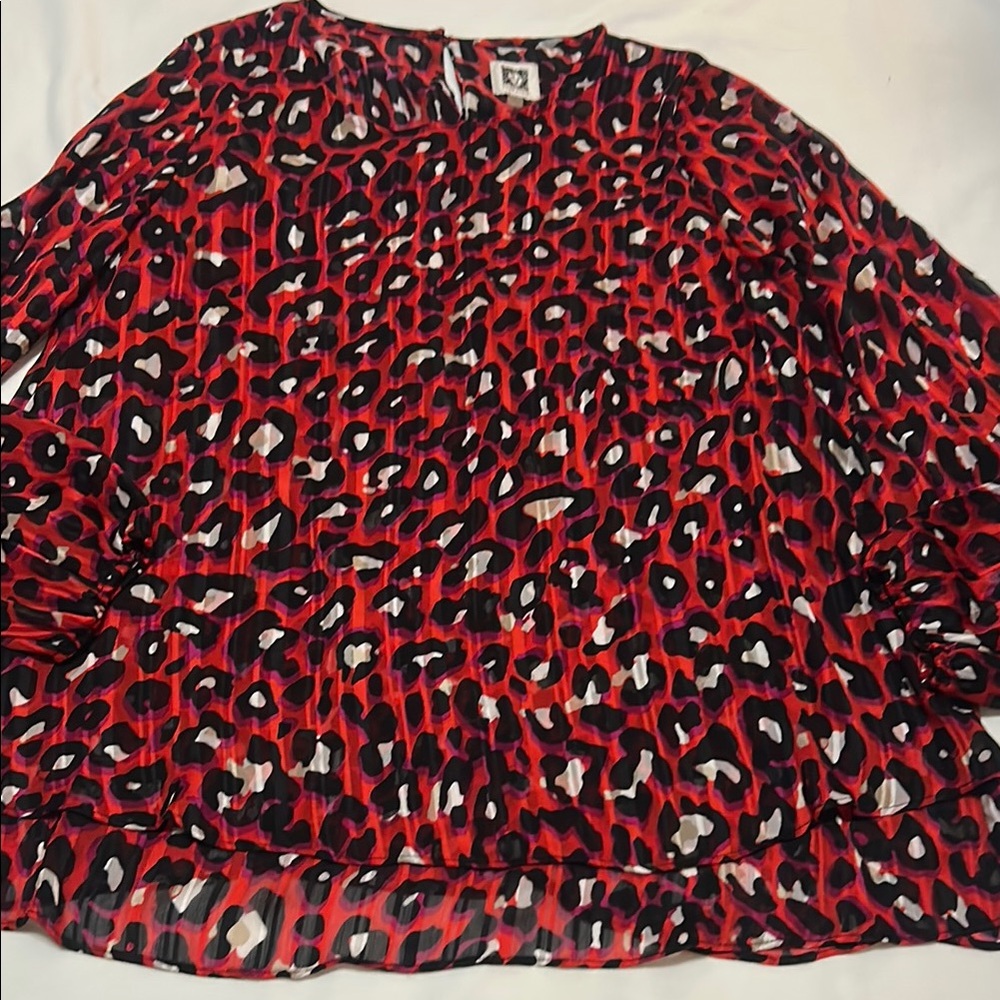 Anne Klein Women's Red Leopard Print Blouse Long Sleeves L